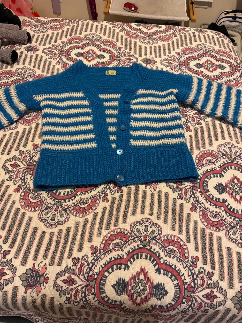 Women's Blue and Cream Striped Knit Cardigan